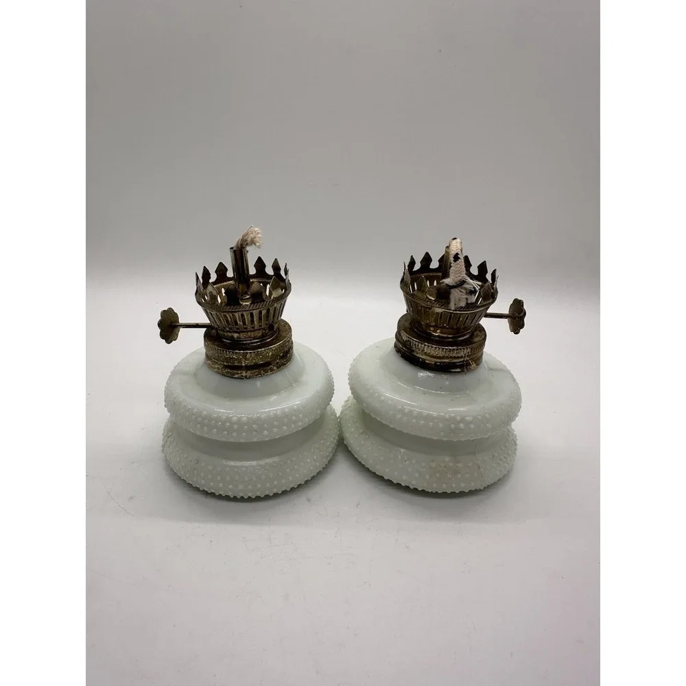 Vintage Hobnail Milk Glass Oil Lamps Pair Christmas Pinecone Decor Hong‎ Kong